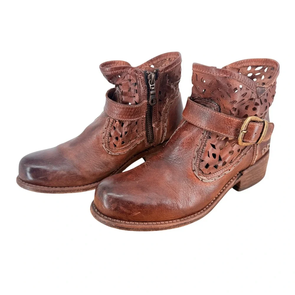 Bed Stu Heather Women 7.5 Brown Leather Perforated Ankle Boots Buckle Bootie